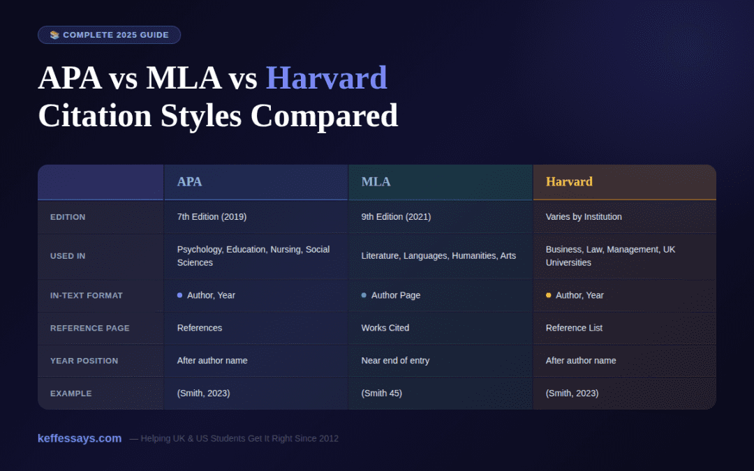 APA vs MLA vs Harvard citation style comparison chart for students