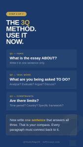 student re-reading university essay prompt using 3 question method task word analysis