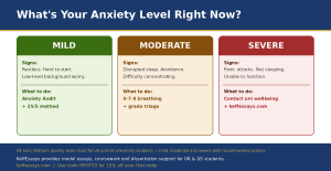 Midterm anxiety level chart for UK and US university students — mild moderate severe with recommended actions — keffessays.com